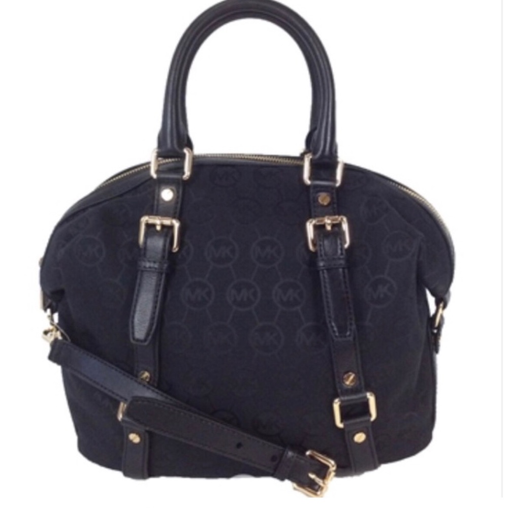 MICHAEL KORS Bedford Black Signature Logo Canvas Satchel Bag purse Gold Hardware